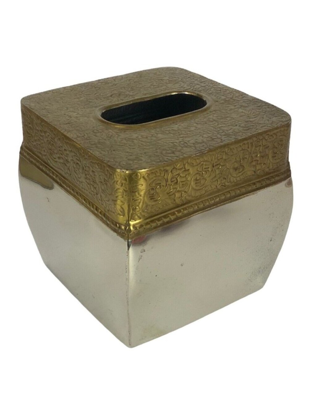 Veratex Tissue Box Cover Square Embossed Brass Chrome Shiny Boho Bathroom Decor